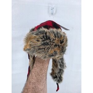 Goodfellow & Co Mens Buffalo Plaid Trapper Hat Red Black Faux Fur Ear Flaps OS